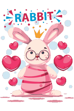 Conejo blanco con corona, gafas redondas y rodeado de corazones. Texto “RABBIT”.