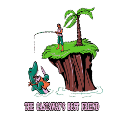 Vector de hombre pescando en isla desierta, cocodrilo muerde la caña con conejo, texto 'THE CASTAWAY'S BEST FRIEND'