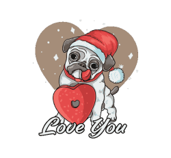 Vector de pug con gorro de Santa y lengua fuera, sosteniendo un corazón rojo con texto 'Love You' en fondo navideño