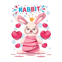 Conejo blanco con corona, gafas redondas y rodeado de corazones. Texto “RABBIT”.