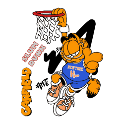 Vector de Garfield colgado del aro de basket, camiseta 'NEWYORK', texto 'SLUM DUNK' y 'GARFIELD'