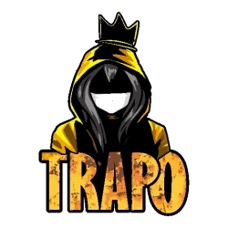 Diseño vectorial de personaje con capucha amarilla, corona y máscara, texto 'TRAPO' en dorado desgastado
