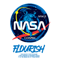 Vector de astronauta flotando en espacio azul con logo 'NASA', cinta roja, texto 'SPACE', 'COSMIC'