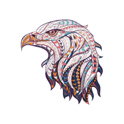 Ilustración vectorial de cabeza de águila con patrones tribales y ojos dorados, fondo negro