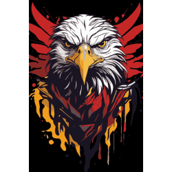 Diseño vectorial de águila frontal con alas rojas, manchas de pintura amarilla y roja goteando