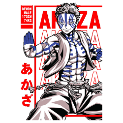 Ilustración vectorial estilo streetwear de Akaza de Demon Slayer con líneas azules, fondo rojo y letras japonesas.