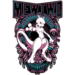 Vector Mewtwo composición ornamental simétrica tipografía rock paleta rosa morado turquesa