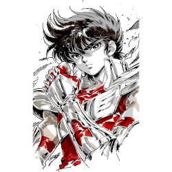 Ilustración vectorial detallada de Seiya de Pegaso de Los Caballeros del Zodiaco en pose de combate con armadura.