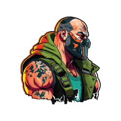 Vector de mercenario musculoso con máscara táctica y chaleco militar verde para estampado urbano.
