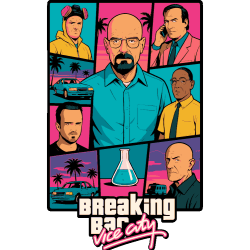 Mosaico vectorial de Breaking Bad estilo portada gamer Vice City con Walter White y Jesse Pinkman.