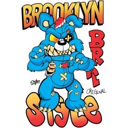 Ilustración vectorial de un oso azul enojado de estilo urbano con letras grandes que dicen 'BROOKLYN'