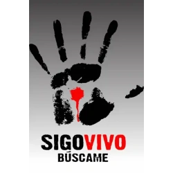 Diseño vectorial de huella de mano con gota roja, texto 'Sigo Vivo Búscame