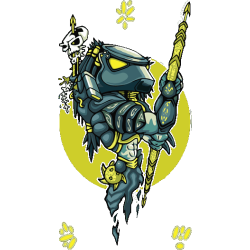 Ilustración vectorial de un cazador alienígena con máscara y lanza en estilo estilizado sobre fondo amarillo circular.