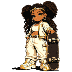 Ilustración vectorial de niña skater estilo chibi afro con patineta y ropa urbana.