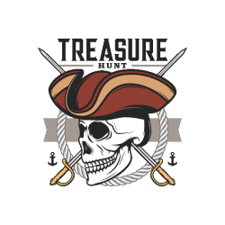 Gráfico vectorial de calavera pirata con sombrero de tres picos, espadas cruzadas y texto Treasure Hunt.