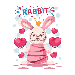 Conejo blanco con corona, gafas redondas y rodeado de corazones. Texto “RABBIT”.