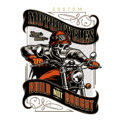 Calavera con goggles y guantes, moto custom, banner 'Build Not Bought