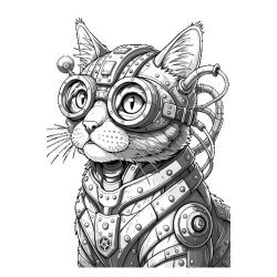 Ilustración vectorial estilo line art de un gato con antiparras y armadura cibernética futurista.