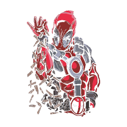 Diseño vectorial de Deadpool parodiando el meme de Salt Bae, dejando caer balas en lugar de sal