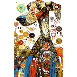 Vector dálmata perfil estilo Klimt patrones circulares orgánicos espirales paleta dorado rojo negro