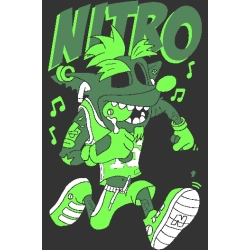 Diseño vectorial de personaje verde saltando con auriculares y zapatillas, texto 'NITRO' y notas musicales