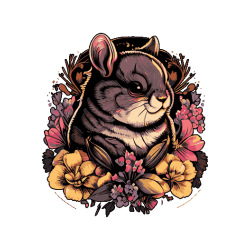 Diseño vectorial de chinchilla con expresión serena, rodeado de flores rosas y amarillas