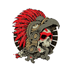 Arte vectorial de un cráneo de guerrero azteca con casco de águila y plumas rojas vibrantes