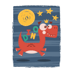 Divertido dinosaurio rojo con corona, caminando bajo un sol y estrellas.