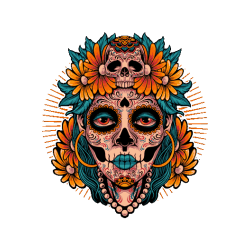 Calavera con Flores Naranjas y Rayos Diseño explosivo y lleno de energía con cabello azul