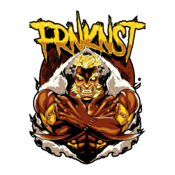 Diseño gráfico de un monstruo estilo Frankenstein musculoso con brazos cruzados y tipografía amarilla rebelde sobre fondo negro.