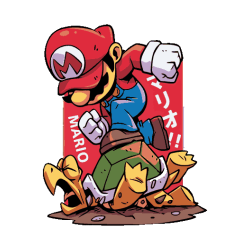 Mario saltando sobre un Koopa Troopa con fondo rojo y letras japonesas.