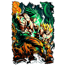 Diseño vectorial de Broly vs Goku, aura verde y dorada, fondo explosión de fuego, estilo tattoo art