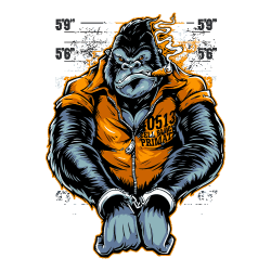 Ilustración vectorial de gorila en ficha policial mugshot con puro, esposas y chaleco naranja.