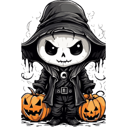 "Vector de esqueleto con sombrero de bruja y capa, sosteniendo dos calabazas, estilo chibi
