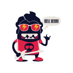 Un monstruo rockero con gafas de rayos, guitarra y diciendo “HELL YEAH!”.