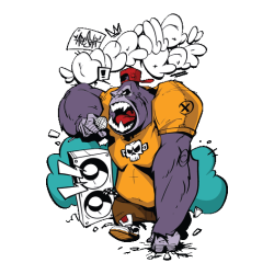 Ilustración urbana de gorila MC rapero con micrófono y grafiti para remeras streetwear.