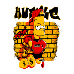 Vector parodia de Bart Simpson con ropa de calle frente a una pared de ladrillos y bolsas de dinero con el texto 'HUSTLE'.