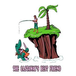 Vector de hombre pescando en isla desierta, cocodrilo muerde la caña con conejo, texto 'THE CASTAWAY'S BEST FRIEND'