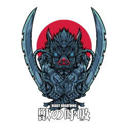 Ilustración vectorial de Inosuke Hashibira con espadas cruzadas y kanjis japoneses de Respiración de la Bestia.