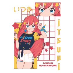Vector Itsuki Nakano Toubun no Hanayome cabello rosa ojos azules grilla retro flores cerezo estrellas