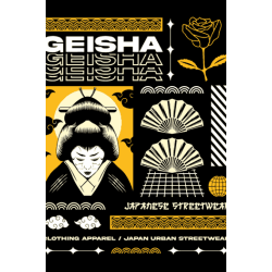 Vector de una geisha japonesa con patrones tradicionales de olas y tipografía moderna en tonos amarillo y negro.