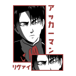 Vector de Levi Ackerman estilo póster manga japonés en color rojo para playeras de anime.