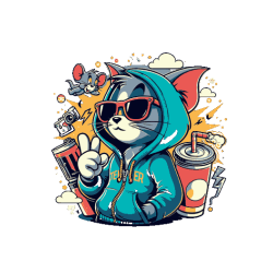 Vector de gato con sudadera azul y gafas de sol, haciendo signo de paz, con lata de refresco y ratón, estilo urbano