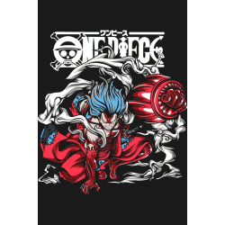 Vector anime Luffy Gear 5 One Piece cabello azul puño rojo capa blanca logo kanji japonés