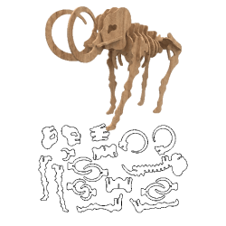 Modelo en madera de un rompecabezas 3D armable de un esqueleto de mamut lanudo realizado con corte láser.