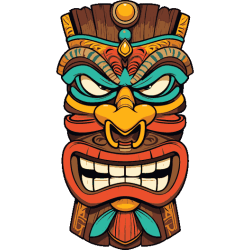 Una máscara tribal feroz y detallada con colores vibrantes, colmillos prominentes y mirada intimidante