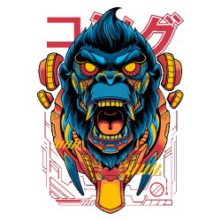 Ilustración de gorila King Kong estilo robot mecha cyberpunk con letras japonesas para estampado.