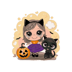  Ilustración vectorial de una tarjeta de Halloween con una niña y un gato negro sobre un fondo amarillo
