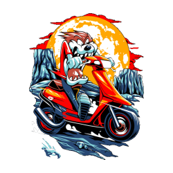 Ilustración vectorial de un lobo caricaturesco conduciendo una motoneta roja bajo la luna llena.