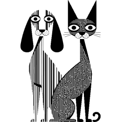 Ilustración abstracta de perro y gato en blanco y negro con patrones de líneas y laberinto para diseño textil.